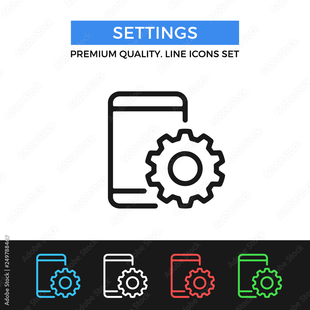 Vector settings icon. Mobile phone and gear, smartphone and cog. Premium quality graphic design. Modern signs, outline symbols, thin line icons set Vector settings icon. Mobile phone and gear, smartphone and cog. Premium quality graphic design. Modern signs, outline symbols, thin line icons set
