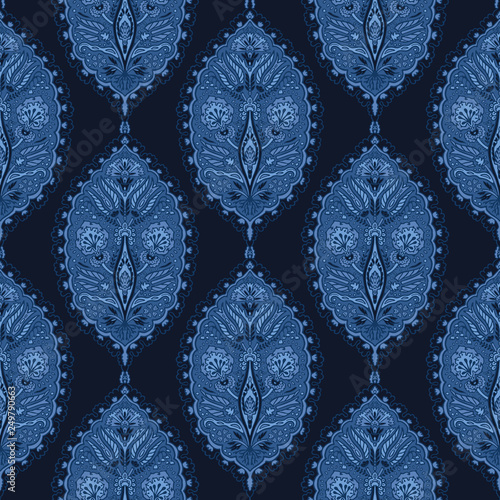 Indigo blue dye flower paisley damask illustration. Hand drawn seamless vector pattern all over print. Arabic style foulard drop motif. Decorative stylish shawl design, boho denim, persian home decor.
