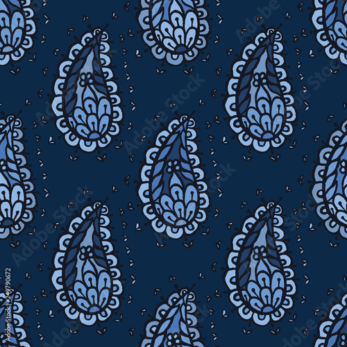 Indigo blue dye flower paisley damask illustration. Hand drawn seamless vector pattern all over print. Arabic style foulard drop motif. Decorative stylish shawl design, boho denim, persian home decor.