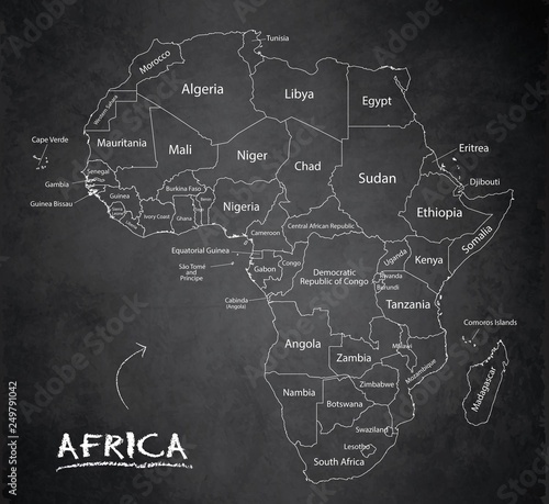 Africa map, new political detailed map, separate individual states, with state names,  card blackboard school chalkboard vector