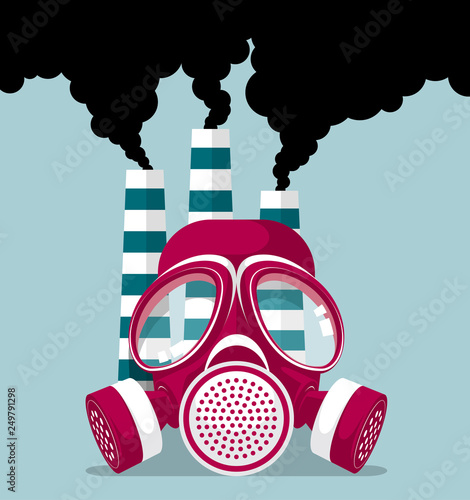 Industrial pollution concept design, gas mask and three chimneys, smoke billowing.