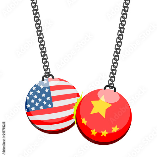 Demolition ball with flags of United States and China. Vector illustration design