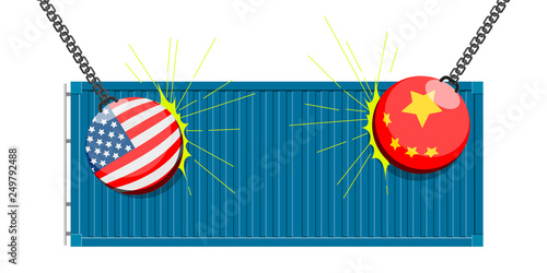 American and chinese demolition balls colliding with a container. Vector illustration design