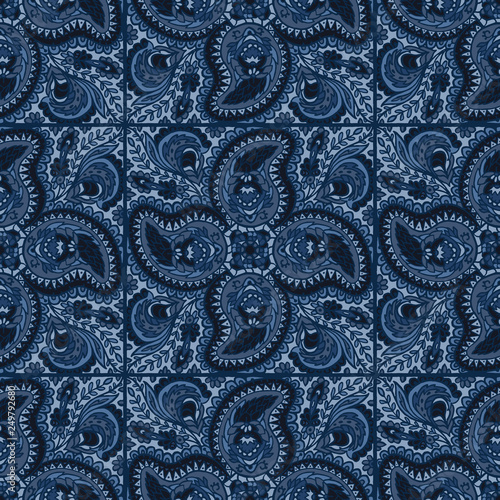 Indigo blue dye hand drawn paisley motif illustration. Seamless vector pattern all over print. Traditional style foulard drop motif. Decorative stylized shawl or retro bandana design for home decor.