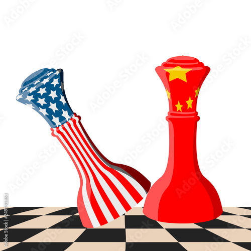 Chess piece with flags of United States and China on a chessboard. Vector illustration design