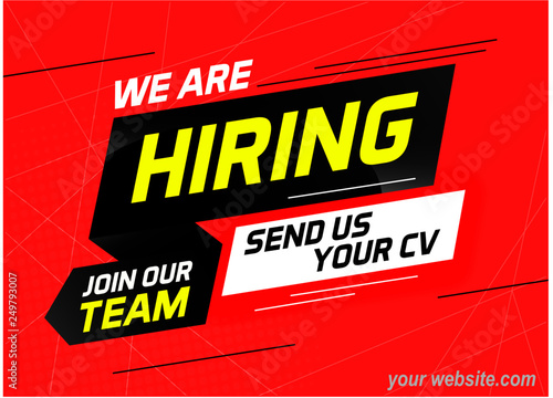 Hiring recruitment design for banner poster. We are hiring lettering with geometric shapes lines. Vector illustration typographic. Open vacancy design template.