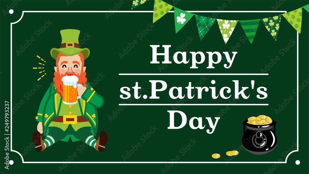 Fototapeta premium Drunken Leprechaun and pot of gold - St. Patrick's Day Greeting card layout Design
