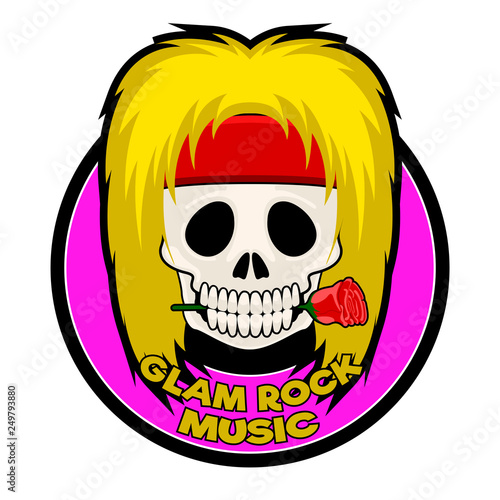 Glam rock music label with a skull and a rose. Vector illustration design