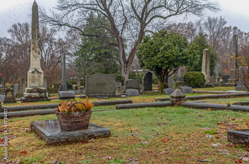 graves and tombs in a cemetery on a cloudy day