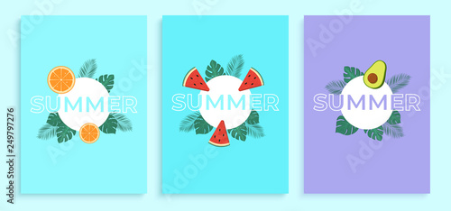 Summer banner design. Contour Typography element with palm leaves and slices of watermelon  avocado and orange. Vector illustration