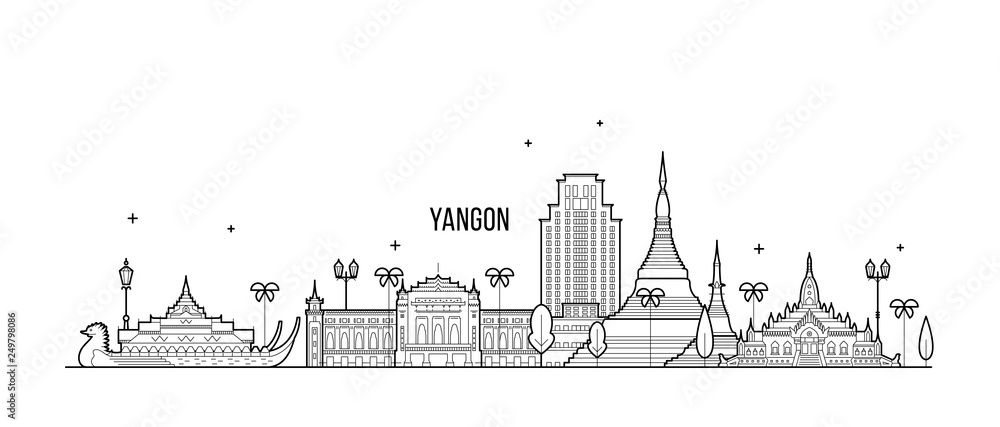 Yangon Rangoon skyline Myanmar city vector linear