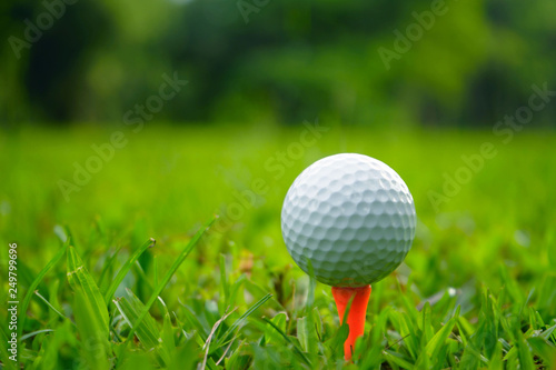 golf ball on tee in beautiful golf course with sunset. Golf ball close up in golf coures at Thailand
