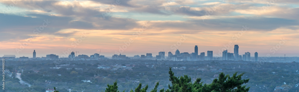 Panoramic View of Austin Texas Skyline During a Foggie Early morning