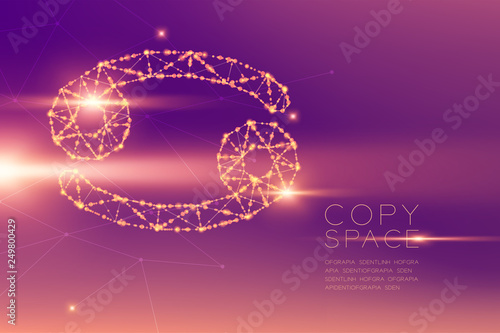 Cancer Zodiac sign wireframe polygon futuristic bokeh light frame structure and lens flare, Fortune teller concept design illustration isolated on purple gradients background with copy space