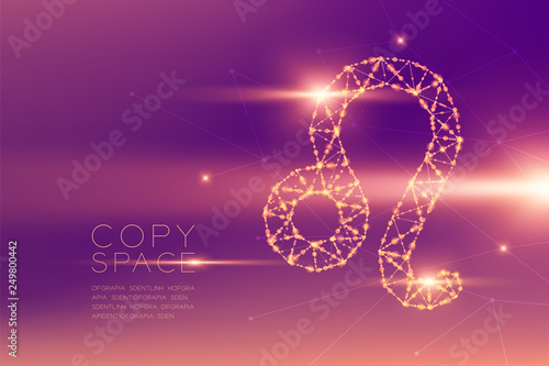 Leo Zodiac sign wireframe polygon futuristic bokeh light frame structure and lens flare, Fortune teller concept design illustration isolated on purple gradients background with copy space