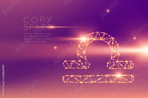 Libra Zodiac sign wireframe polygon futuristic bokeh light frame structure and lens flare, Fortune teller concept design illustration isolated on purple gradients background with copy space