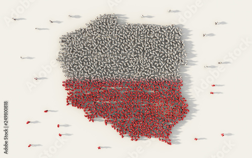 Fototapet Large group of people forming Poland map and national flag in social media and communication concept on white background