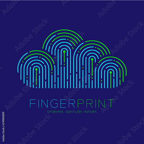 Cloud pattern Fingerprint scan logo icon dash line, Technology connect concept, Editable stroke illustration blue and green isolated on blue background with Fingerprint text and space, vector eps10