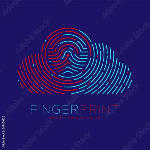Cloud pattern Fingerprint scan logo icon dash line, Technology connect concept, Editable stroke illustration blue and red isolated on dark blue background with Fingerprint text and space, vector eps10