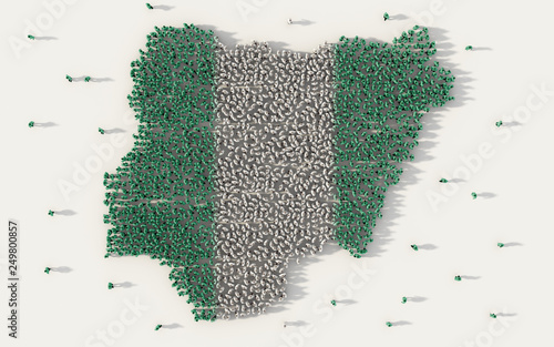 Large group of people forming Nigeria map and national flag in social media and communication concept on white background. 3d sign symbol of crowd illustration from above gathered together photo