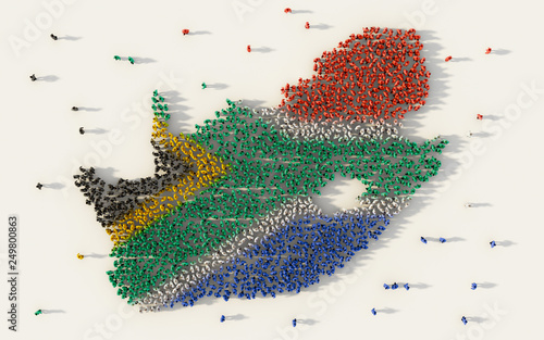Canvas Print Large group of people forming South Africa map and national flag in social media and communication concept on white background