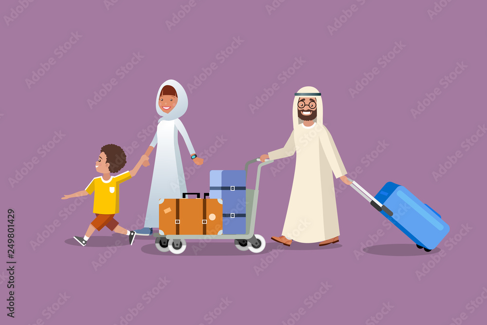 Muslim Family Vacation Trip Cartoon Vector Concept