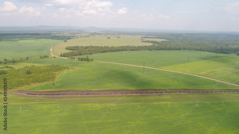 panoramic picture of green valley, fields and forest made by dron from high flight