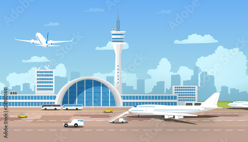Modern Airport Terminal and Runaway Cartoon Vector
