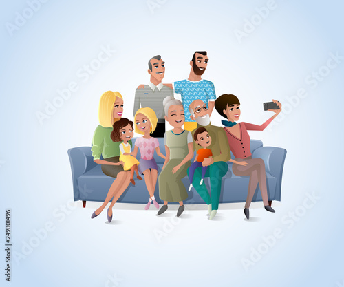 Big Happy Family Selfie Photo Cartoon Vector