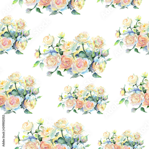 Beige rose bouquet floral botanical flower. Watercolor background illustration set. Seamless background pattern.