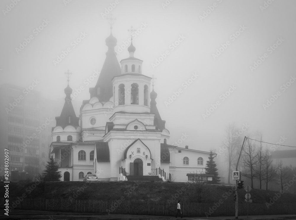 Old russian architecture, fog morning
