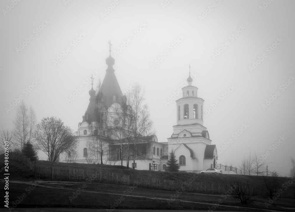 Old russian architecture, fog morning