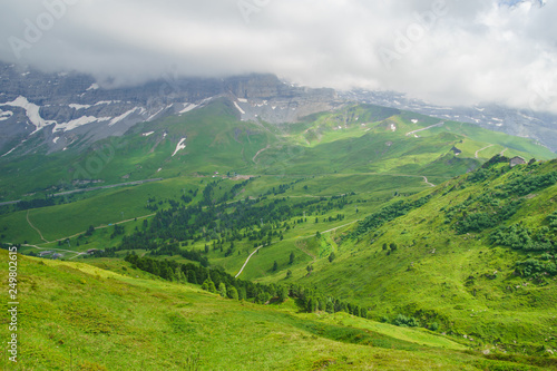 Alpine peaks landskape background. Jungfrau, Bernese highland. Alps, tourism, journey, hiking.