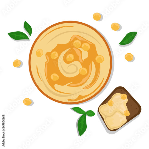 National food of Israel. Flat vector illustration. The view from the top. Hummus.