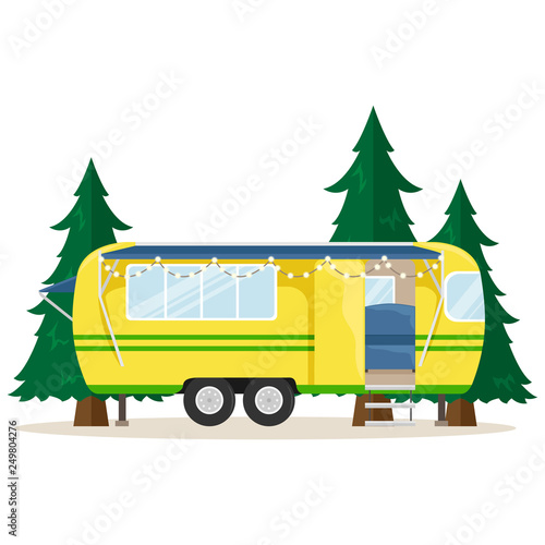Retro house on wheels for traveling. Car travel. Vector flat illustration. Motorhome with lights.