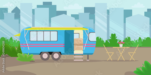 Retro house on wheels for traveling. Car travel. Vector flat illustration. Motorhome in the big city.