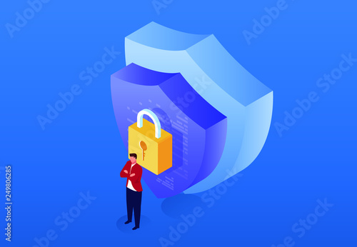 Business protection, businessman standing in front of shields and locks