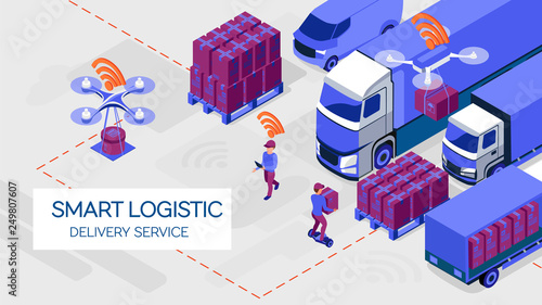 Smart logistics delivery services. Isometric flat digital illustration. Track, drone, persels and boxes, delivery workers and smart devices. Web banner