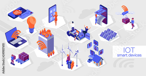 IOT smart devices. Wireless technology. Smart home. Block chain. Alternative energy, pos, smart phone. online purchase, smart logistics. Isometric flat design concept