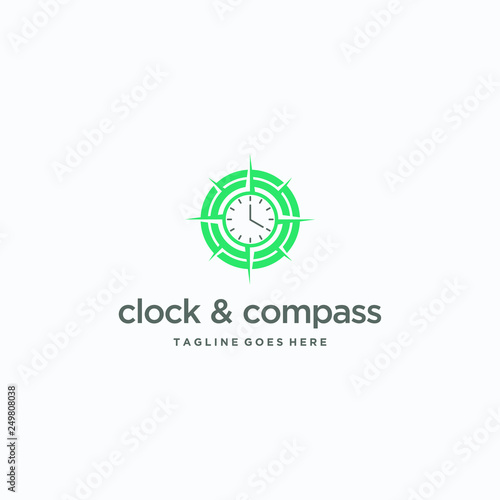 A compass logo design template. Awesome a compass with clock logo. A compass with clock lineart logotype.