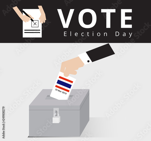 Eligible voter or constituency go to the polling station and drop the ballot in locked ballot box for general election day in Thailand, The hand of Thai people dropped the card into the case