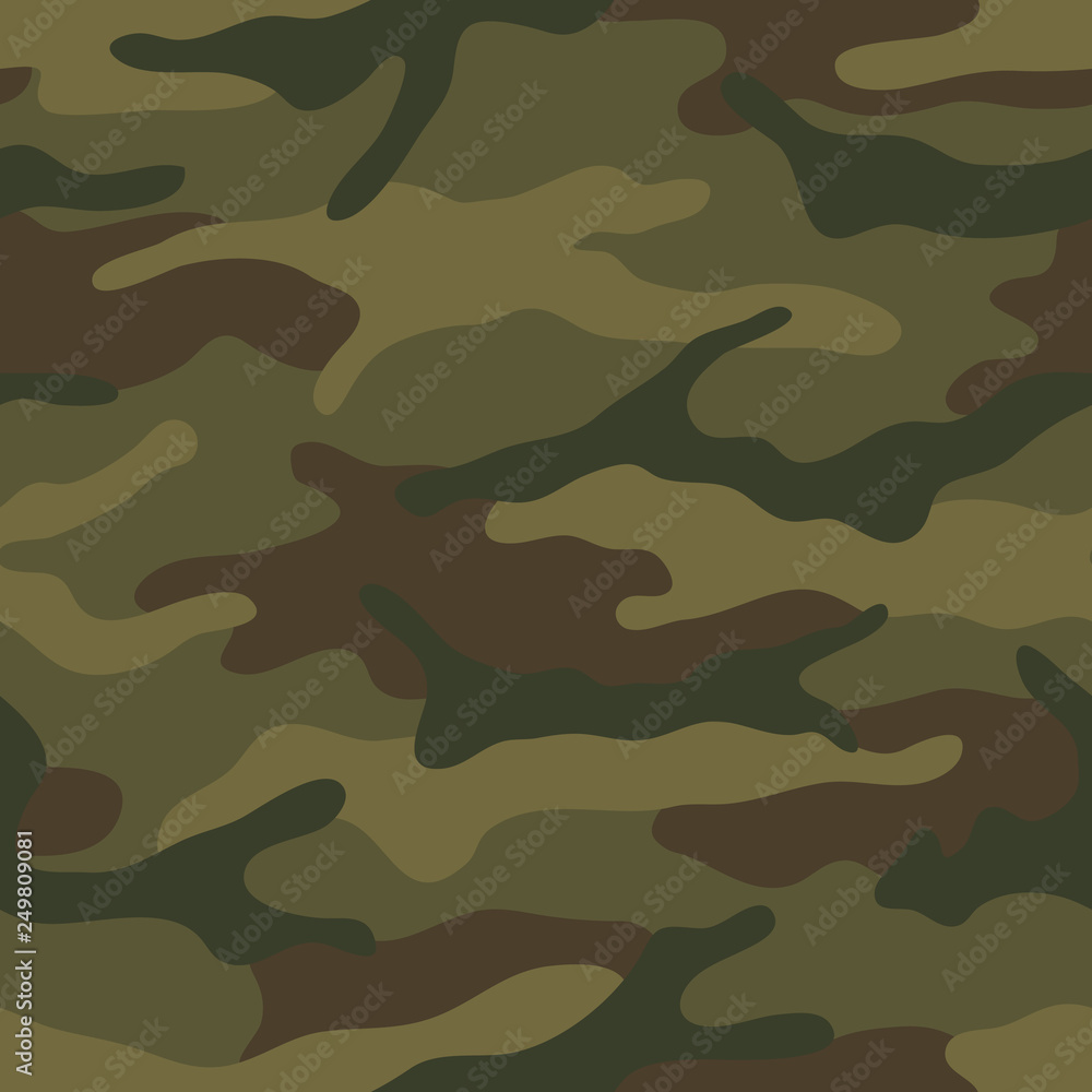 Naklejka premium Seamless camouflage pattern. Khaki texture, vector illustration. Camo print background. Abstract military style backdrop