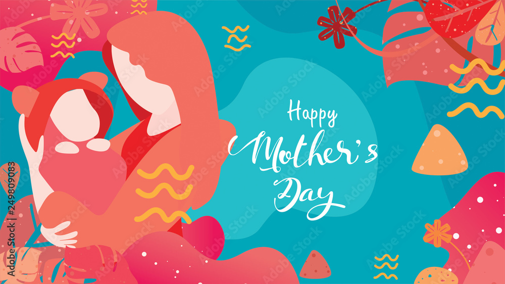 Happy mother's day! beautiful Mum smiling and holding healthy baby with happy. Colorful vector illustration flat design style. Flat cartoon style with living coral color trendy 2019. - vector