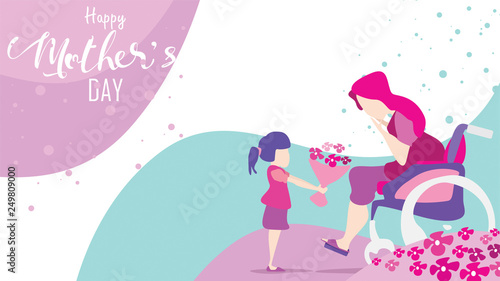 Happy mother's day! Child daughter congratulates disabled mum in wheelchair and gives her flowers tulips. Mum smiling and surprising. Vector illustration flat cartoon design style. - vector