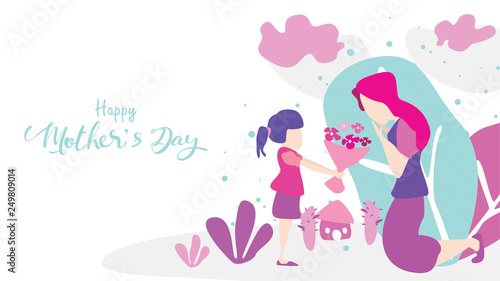 Happy mother's day! Child daughter congratulates mom and gives her flowers tulips. Mum smiling and surprising. Vector illustration flat design style. - Vector