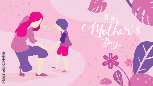 Happy mother's day! Cute little boy congratulates mom with dancing, playing, laughing, and together showing heart shape symbol. Vector illustration flat design style. Flat cartoon style. - Vector