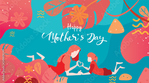 Happy mother's day! Child daughter congratulates mom playing and laughing with hands showing heart shape symbol. Vector flat cartoon design style with living coral color trendy 2019. - vector