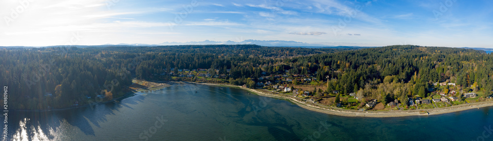 Panoramic View of Bainbridge Island Washington USA - Watefront Housing to Kitsap County to Olympic Mountains