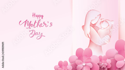 Happy mother's day greeting card. Paper cut style mum smiling and holding healthy baby with happiness in pink background with flowers frame. Vector illustration. Copy space for text. - Vector