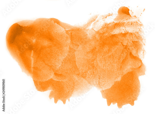 Abstract watercolor background hand-drawn on paper. Volumetric smoke elements. Orange, Turmeric color. For design, web, card, text, decoration, surfaces.